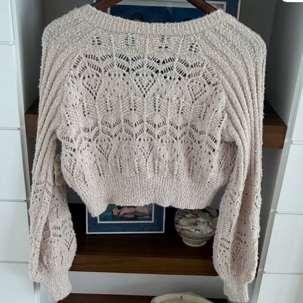 NWT Altar’d State Lacey Cropped Button Down Soft Fuzzy Taupe Cardigan Sweater - Picture 4 of 5